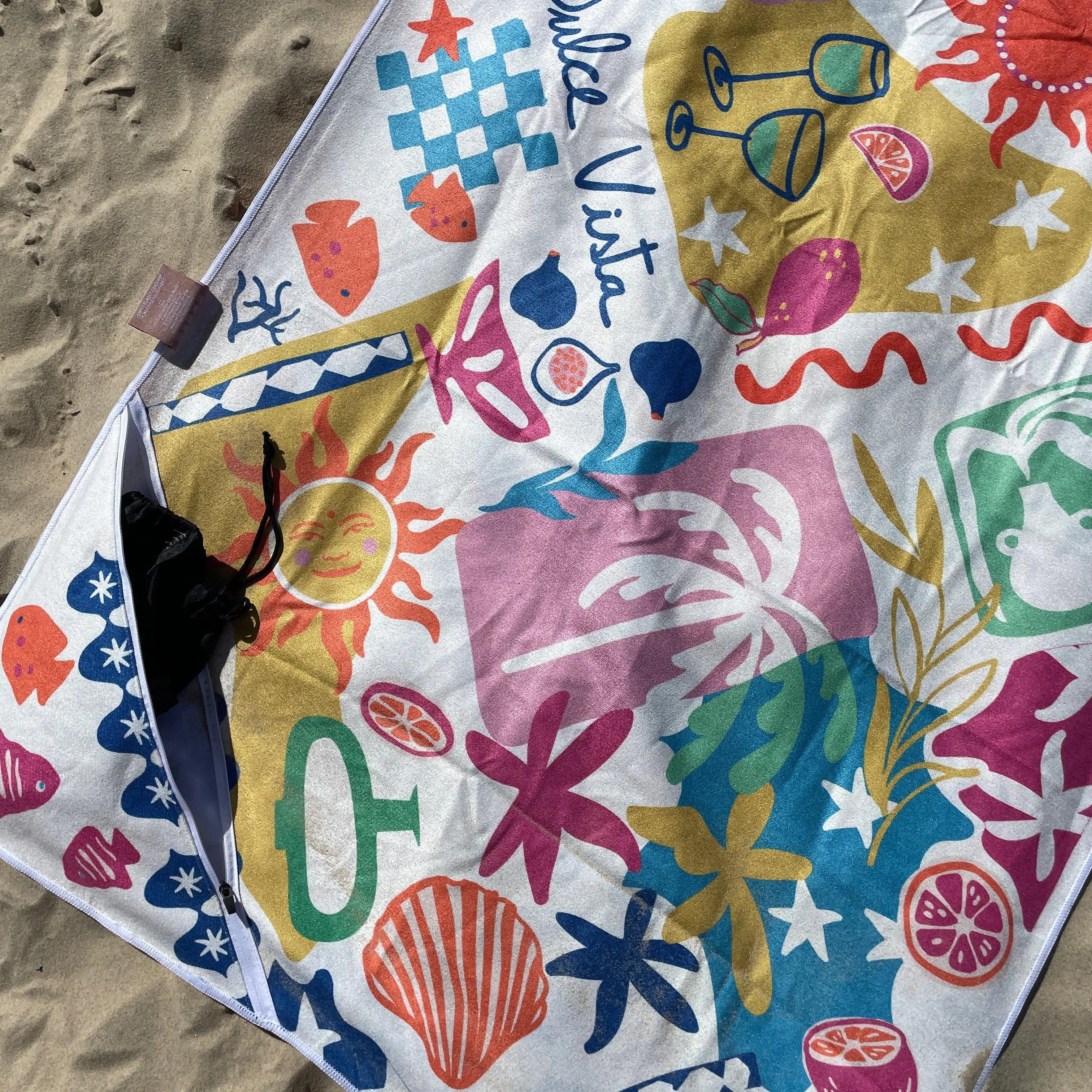 Amalfi coast sand free travel beach towel with pocket zip open