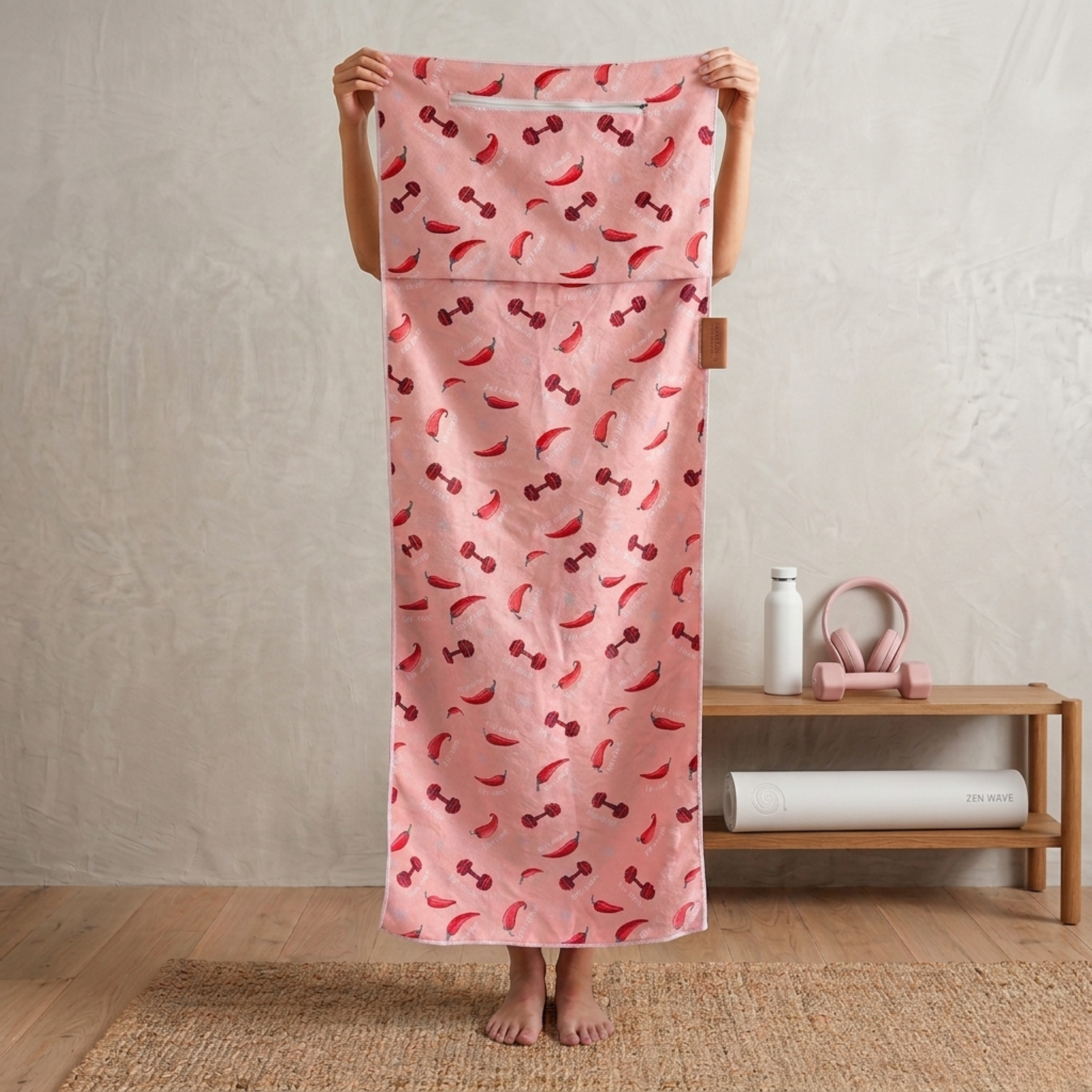A person holding up a pink patterned towel or mat vertically in front of their body, displaying its full design. The towel features a playful print of red chili peppers and small red dumbbells, giving it a fun and energetic fitness-inspired look.