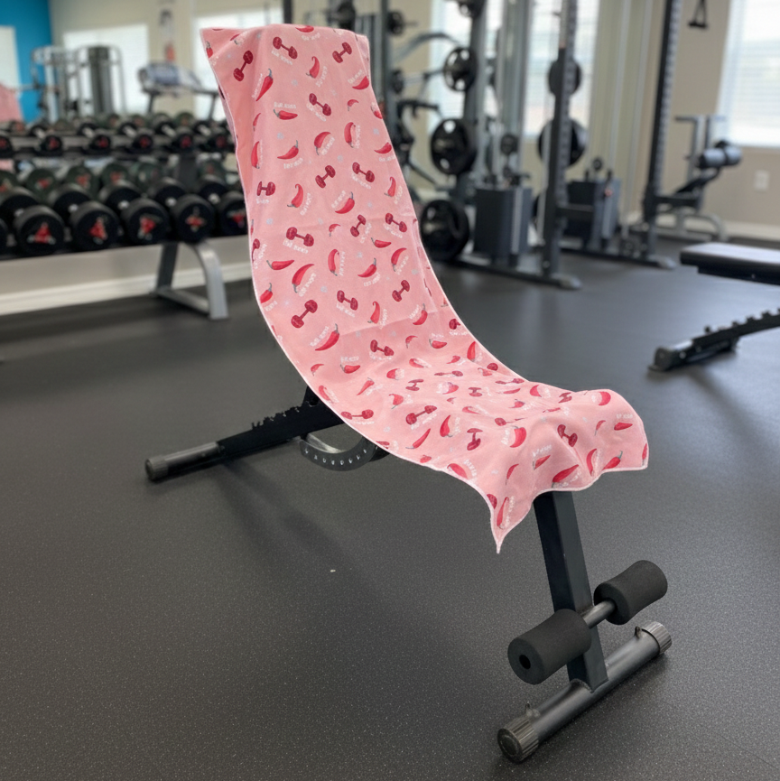 Repeating pattern of red chili peppers and small dumbbells, great for a fitness-themed look