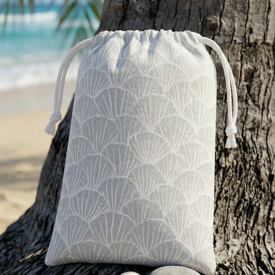 Ocean-inspired shell pattern towel Bag that gives it a sophisticated coastal look while keeping your beach days clean and comfortable.