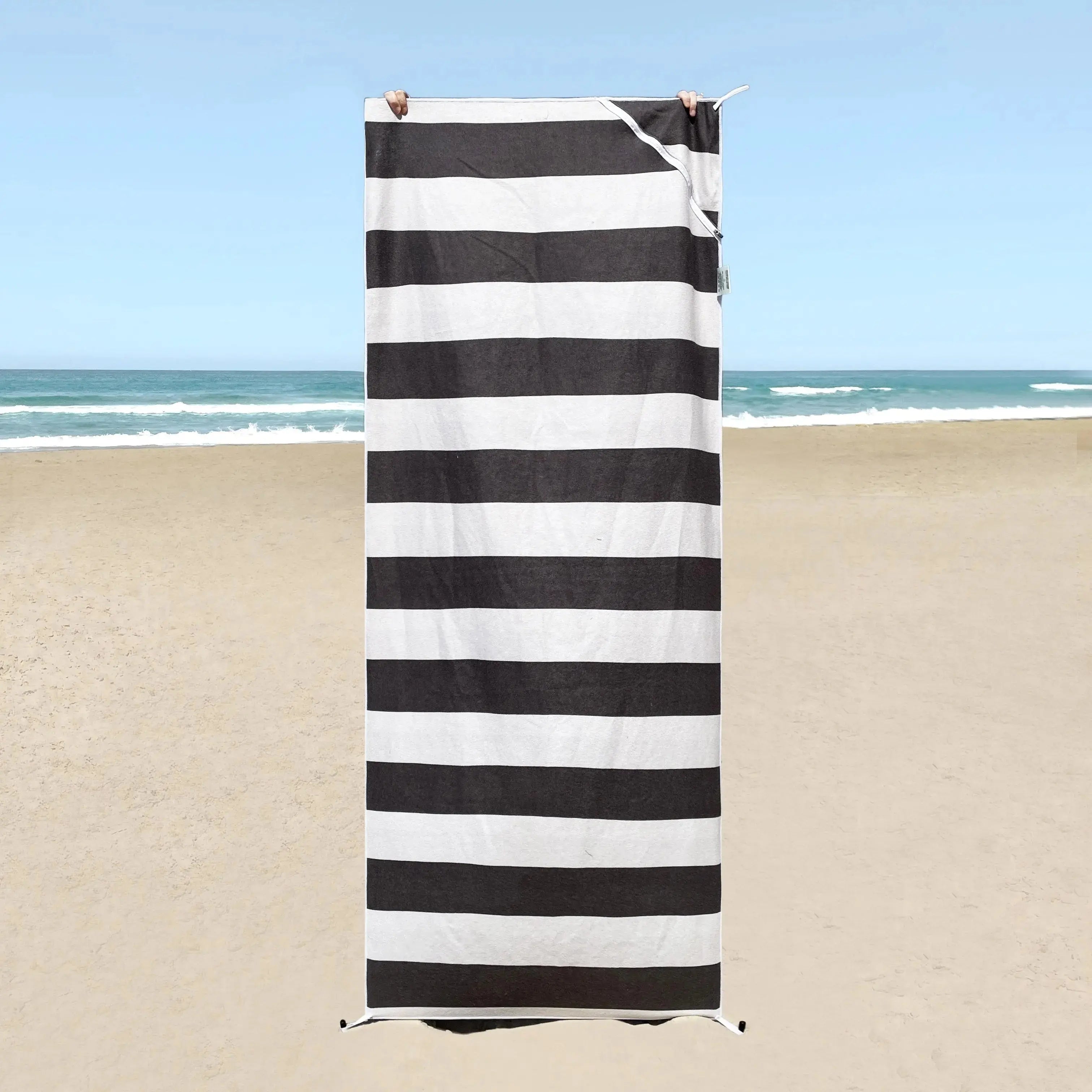 Capri Black White Striped Sand-Free Travel Beach Towel With Pocket