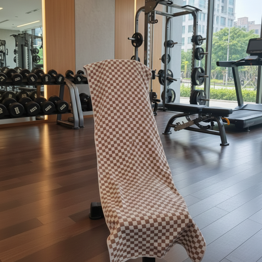 A stylish and practical repeating white and brown geometric pattern elevates the towel beyond a basic gym accessory.