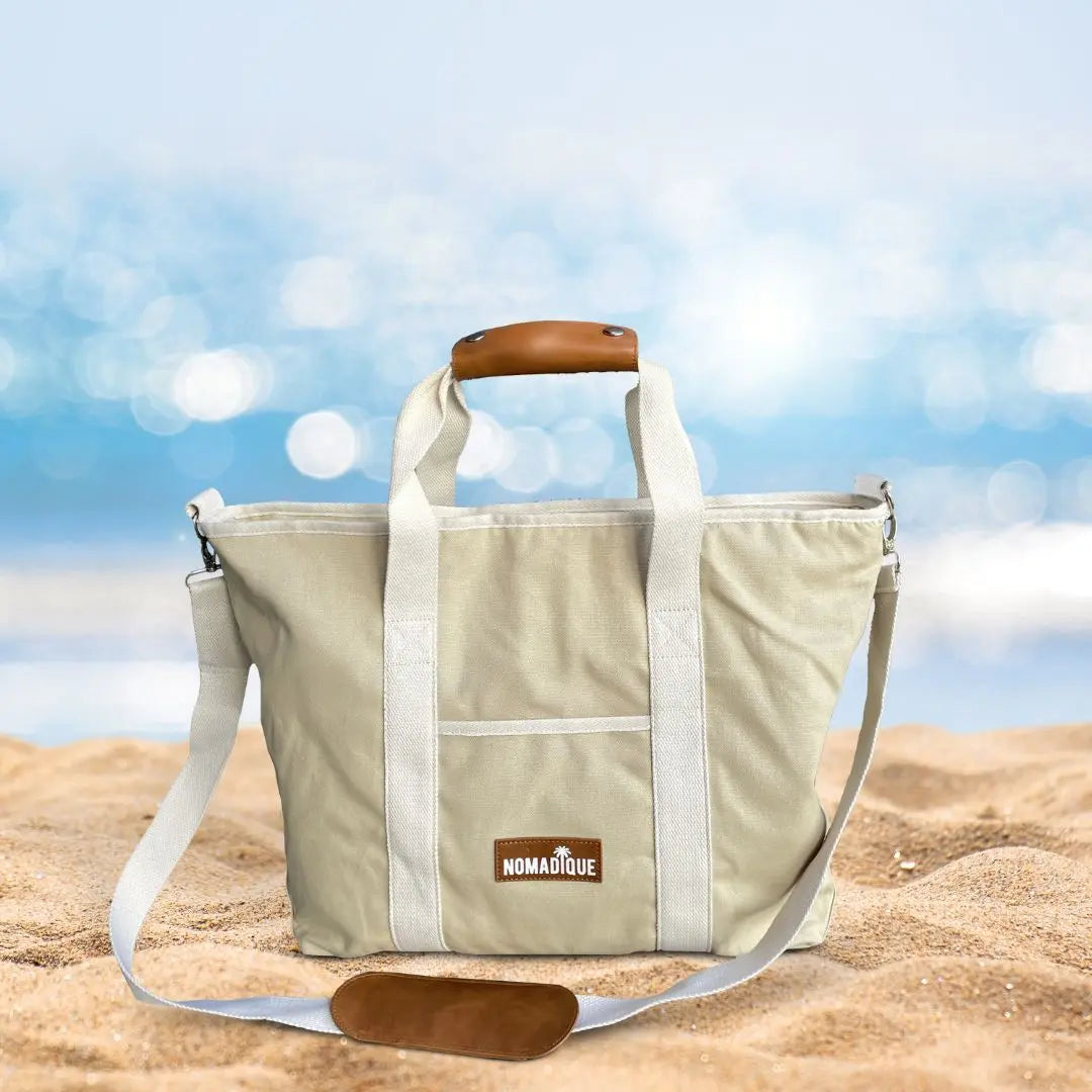 large cooler beach tote bag in beige with a zip pocket, water bottle holder