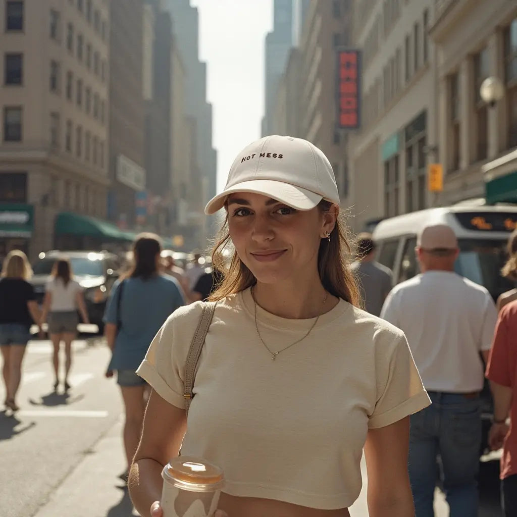 girl standing in gold coast city waering off white funny trending slogan womens australia beach baseball cap hat hot mess 3 girl