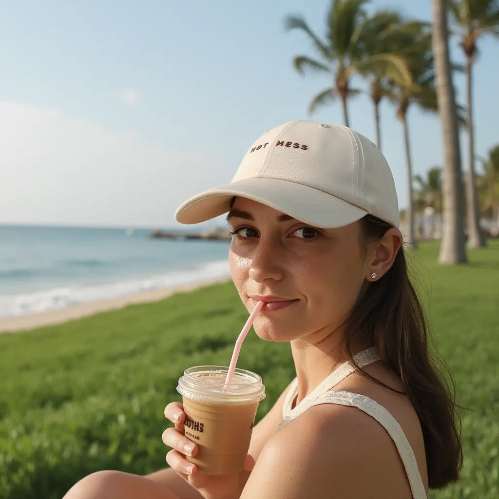 girl on the beaach drinking coffee wearing off white funny trending slogan womens australia beach baseball cap hat hot mess 3