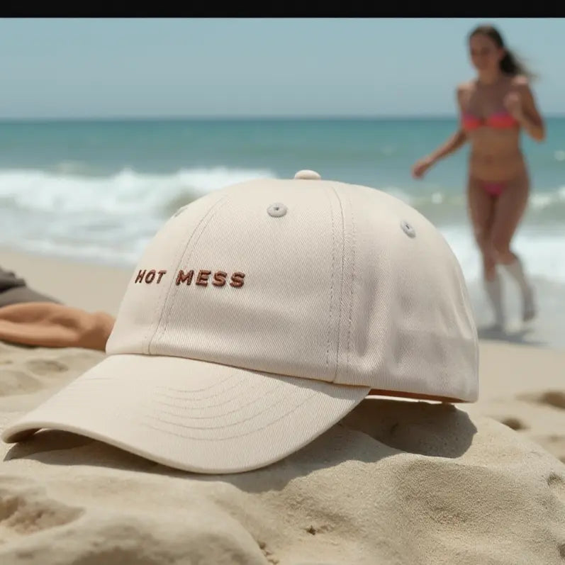 off white funny trending slogan womens australia beach baseball cap hat hot mess on a beach in australia gold coast