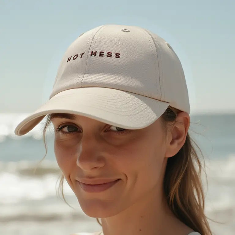 girl on teh beach in gold coast australia wearing off white funny trending slogan womens australia beach baseball cap hat hot mess 3