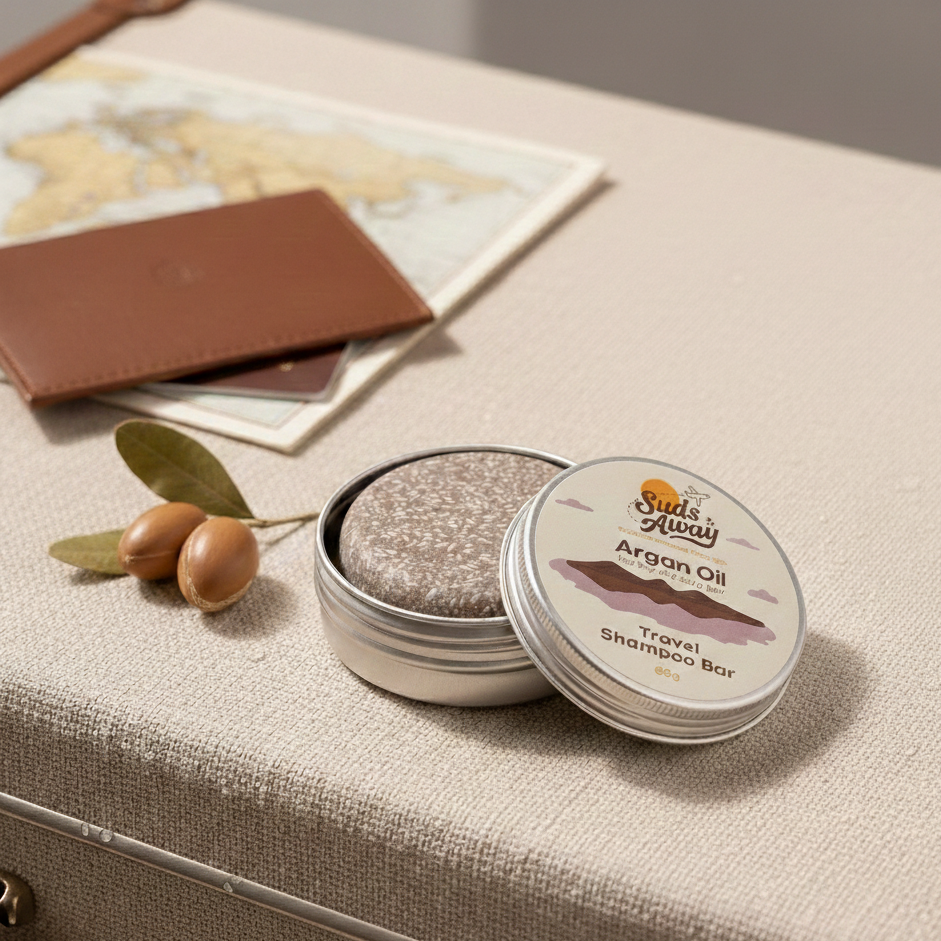 Infused with argan oil, this travel shampoo bar hydrates, strengthens, and adds shine to dull or dry hair. Suds Away solid shampoo is TSA-friendly, long-lasting, and ideal for sustainable living.