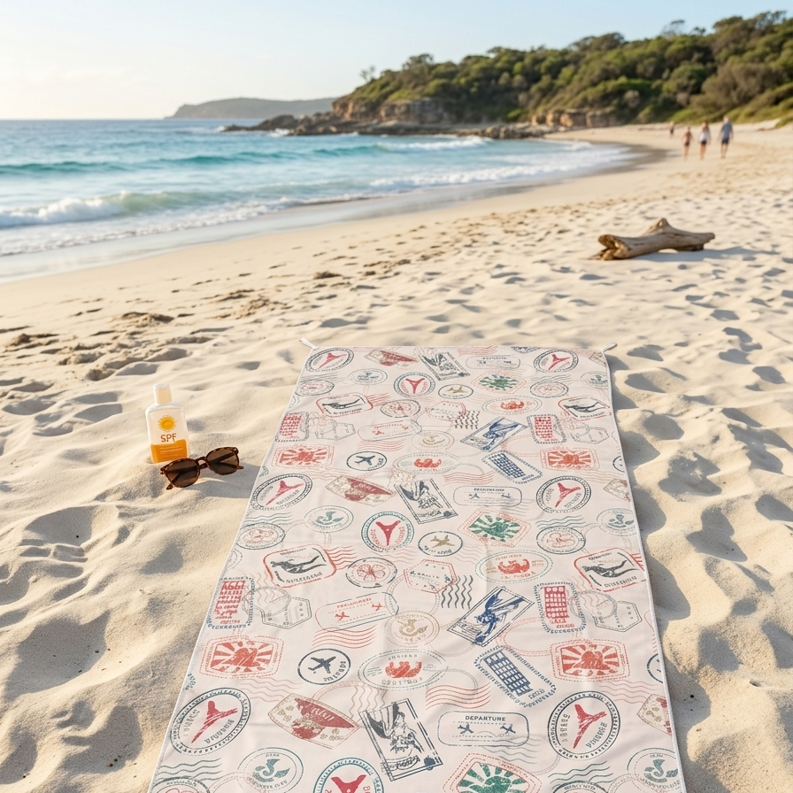 A passport-themed sand-free beach towel laid out on soft golden sand beside the ocean.