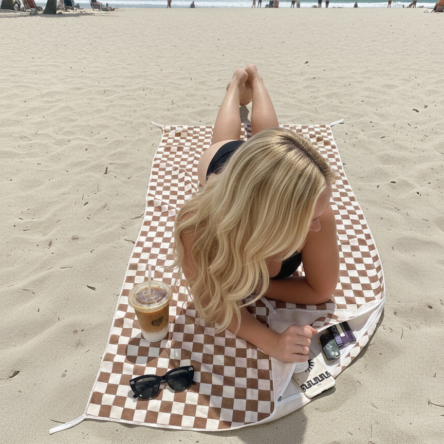 Woman sitting on a checkered towel at the beach with a drink and sunglasses.