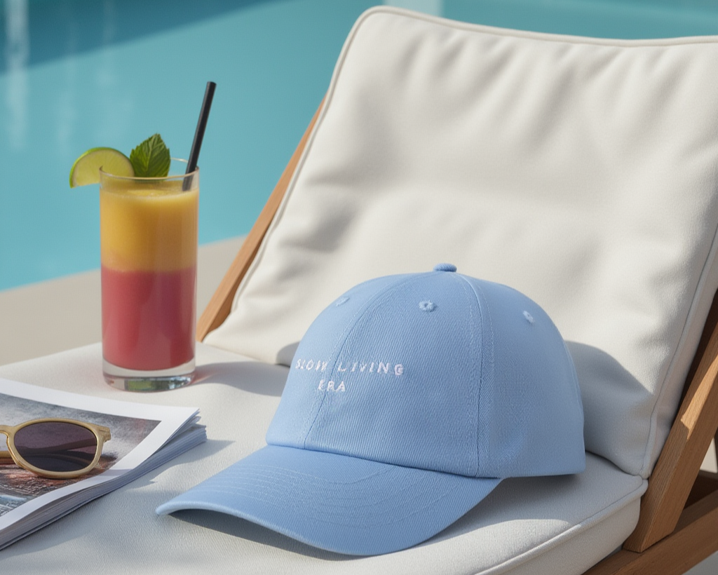 by a pool on holiday a baby blue funny trending slogan womens australia beach baseball cap hat slow living era 