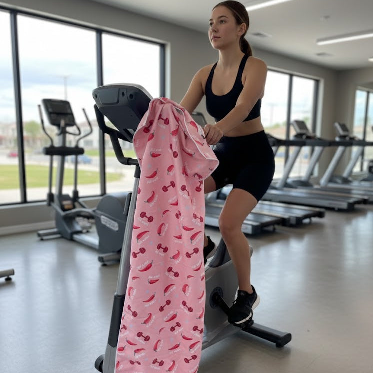 A statement gym towel in soft pink, patterned with red chilies and dumbbells, casually draped over a cardio trainer perfect for workouts