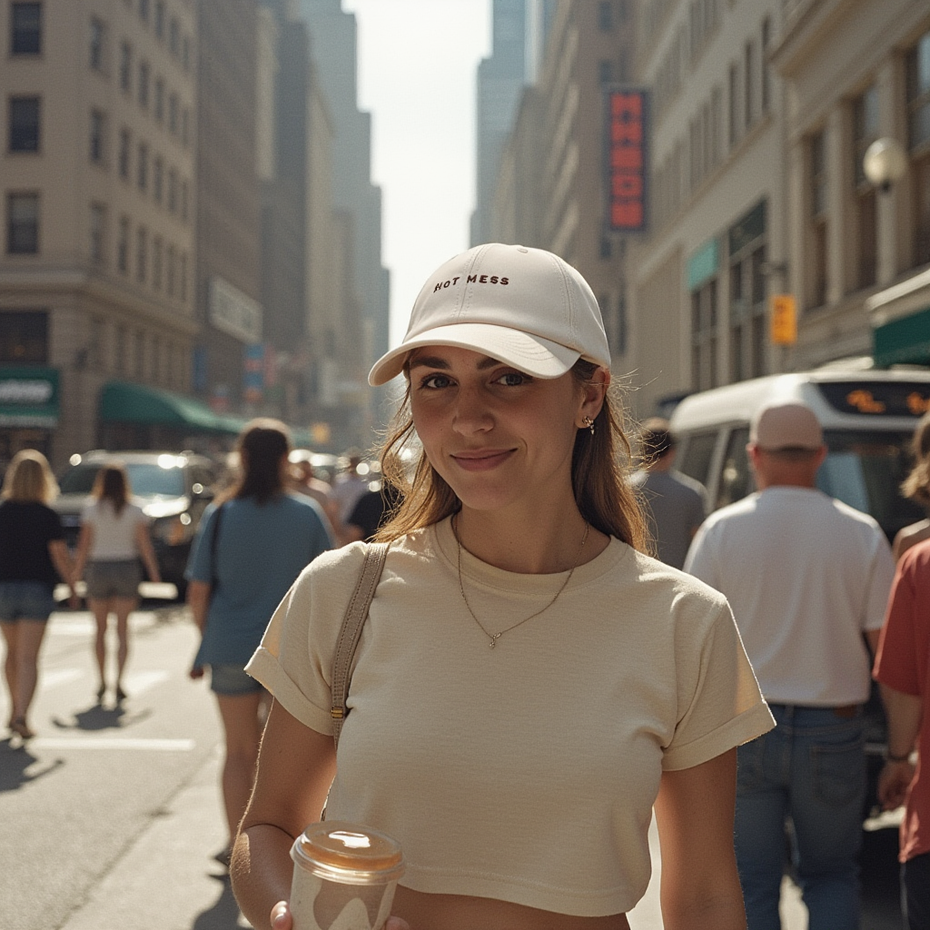 girl standing in  gold coast city waering off white funny trending slogan womens australia beach baseball cap hat hot mess 3 girl