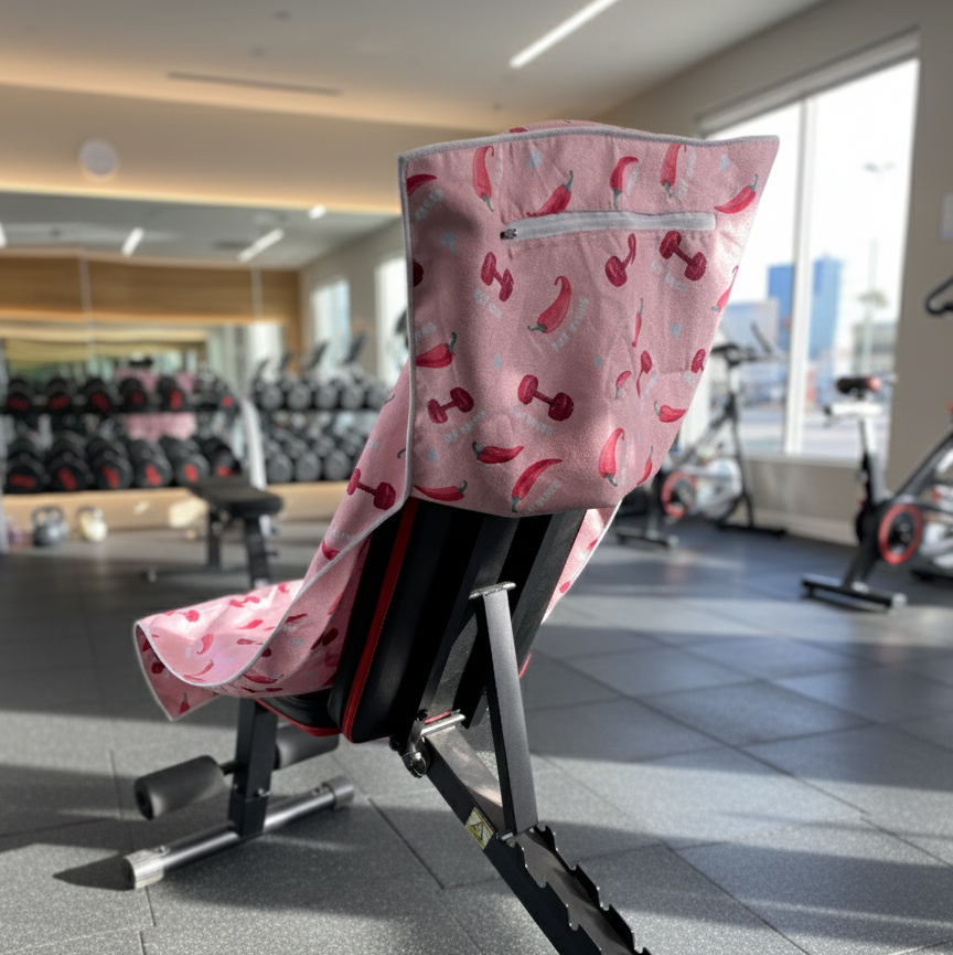 A pink patterned workout towel rests over an incline bench in a gym, with playful chili pepper and dumbbell graphics standing out.