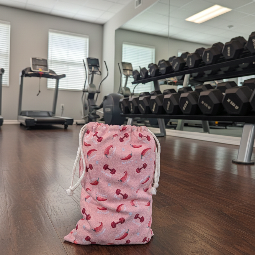 A soft pink gym workout towel featuring a playful pattern of red chili peppers and dumbbells. Set against a modern gym backdrop which adds a fun pop of personality to any workout space.